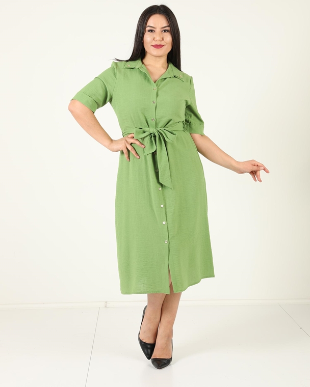 Explosion Diz Boyu Kısa Kol Günlük Giyim Elbise Yeşil lacivert Vizon İndigo