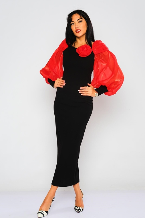 Lila Rose Maxi Long Sleeve Night Wear Dresses Black Red-Black Orange-Black Ecru-Black Beige-Black Leopard-Black Olive-Black BEIGE-BLACK