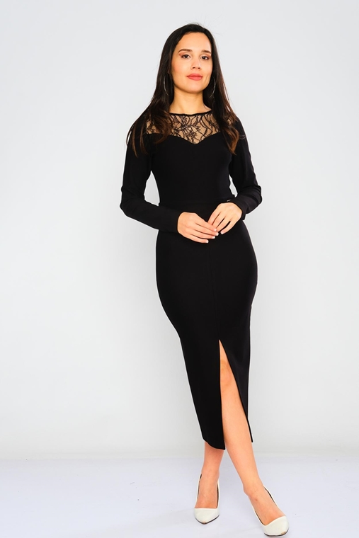 Favori Uzun Uzun Kol Abiye Elbise Siyah Fuşya Ekru