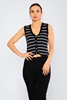 Yes Play Sleevless V Neck Casual Blouses Navy-Ecru