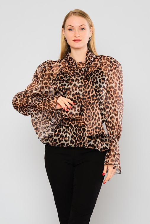 Lila Rose Long Sleeve Casual Blouses Leopard Fuchsia-Black Leopard-Beige Fuchsıa-Khaki