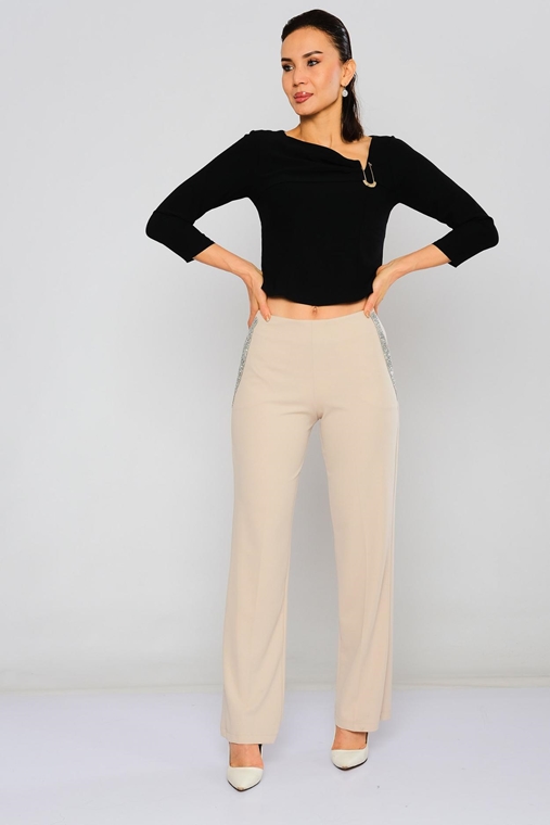 Lila Rose High Waist Casual Trousers Black Beige Ecru