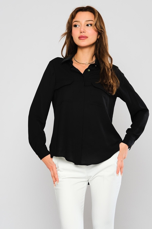 Zanzi Uzun Kol Normal Yaka Günlük Giyim Bluzlar Siyah Bej Karamel