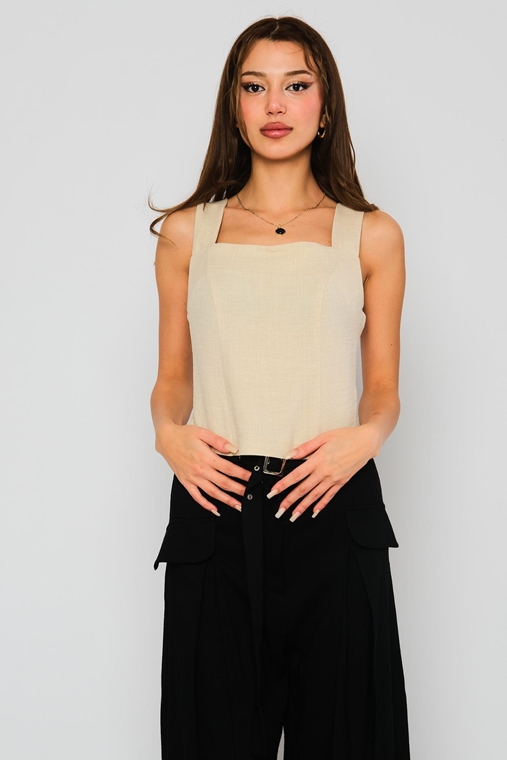 Miarte Sleevless Square Collar Casual Blouses Beige