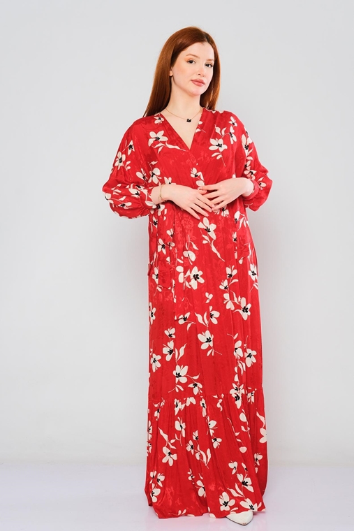Lila Rose Uzun Truvakar Kol Günlük Giyim Elbise Leopar Pudra Kırmızı Çiçek Pudra-Yılan