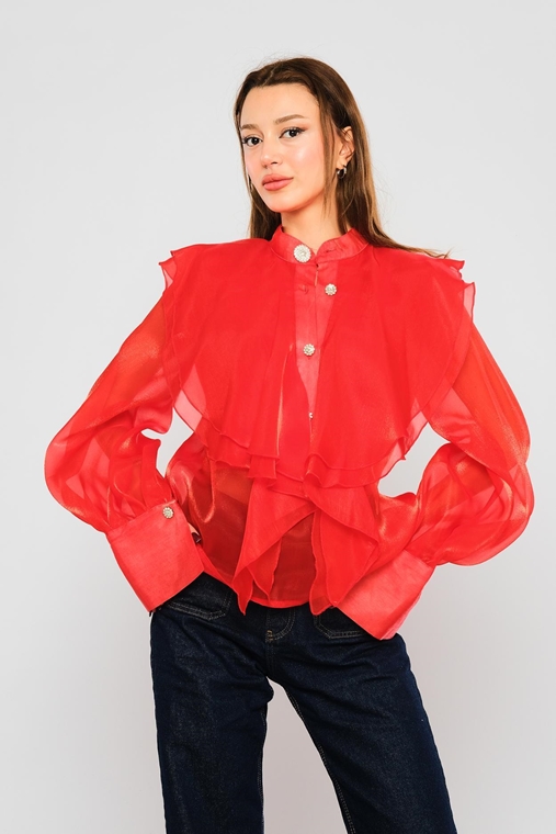 Lila Rose Long Sleeve Clerical Neck Casual Blouses