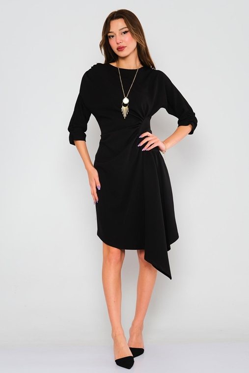 Lila Rose Asymmetrical Three Quarter Sleeve Casual Dresses Black Ecru Olive