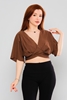 Explosion Three Quarter Sleeve Boat Neck Casual Blouses بنى