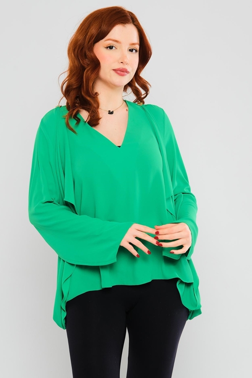 Miarte Uzun Kol V Yaka Günlük Giyim Bluzlar Siyah Yeşil Vizon