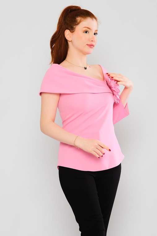 Airport Short Sleeve Crew Neck Casual Blouses Black Red Pink Tile Fuchsia Ecru Saffron Blue Light