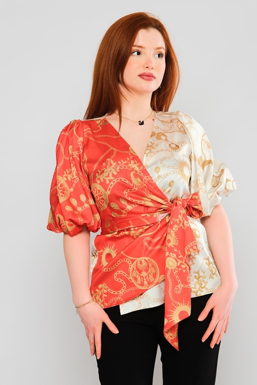 Miarte Three Quarter Sleeve V Neck Casual Blouses Beige-Coral