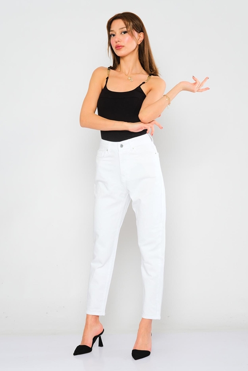 Wo-man Yüksek Belli Günlük Giyim Kot Pantolon Beyaz