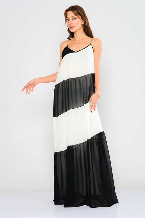 Joymiss Maxi Sleevless Casual Dresses Black-Ecru Multi Color