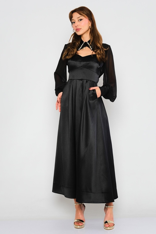 Mianotte Uzun Uzun Kol Günlük Giyim Elbise Siyah Bej