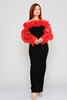 Lila Rose Maxi Long Sleeve Night Wear Offshoulder Dresses Kırmızı - Siyah