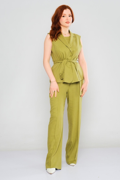 Mees High Waist Casual Trousers Green Beige