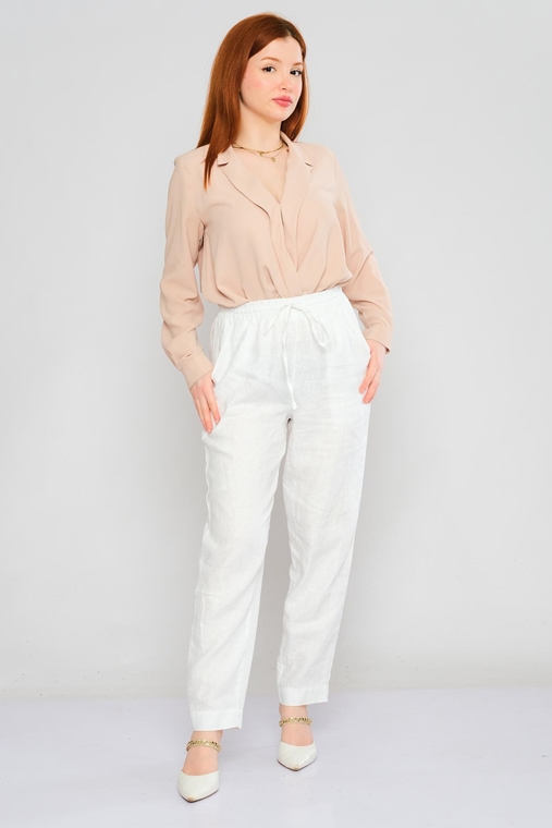 Caren Luis Yüksek Belli Günlük Giyim Pantolon Beyaz lacivert Vizon