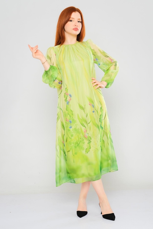 Sandrom Günlük Giyim Elbise Yeşil Fuşya
