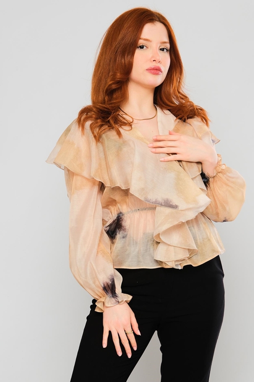 Mianotte Long Sleeve Casual Blouses Camel Stone