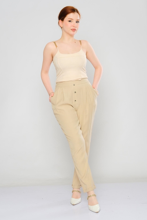 Joymiss Yüksek Belli Günlük Giyim Pantolon Bej Pudra Haki Nane