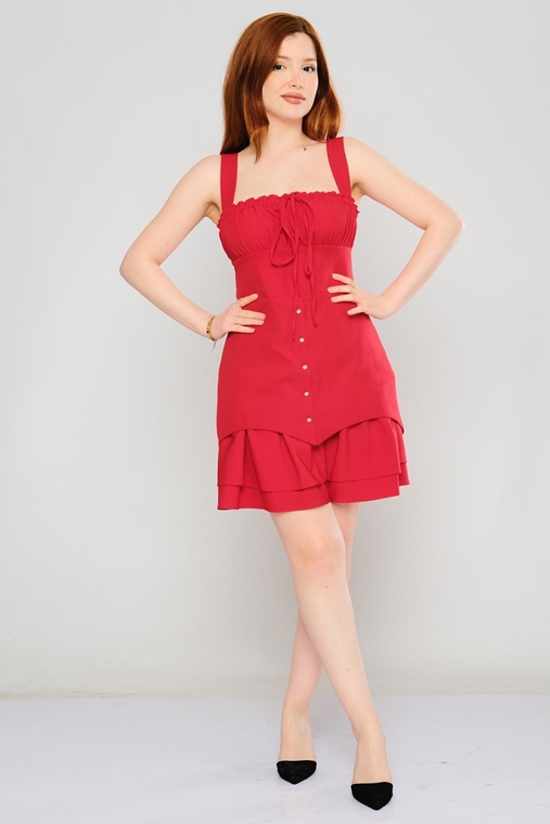 Joymiss Mini Günlük Giyim Elbise Kırmızı Ekru Neon-Fujya