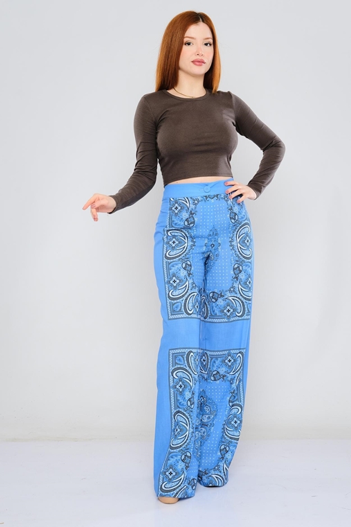 Green Country High Waist Casual Trousers Blue Beige Coral