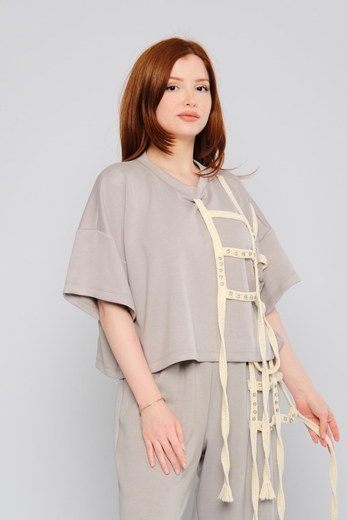 Mianotte Short Sleeve Casual Blouses Grey Ecru