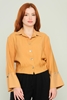 Mianotte Three Quarter Sleeve Collarless Casual Blouses Black Blue Yellow Ecru Tan أسمر