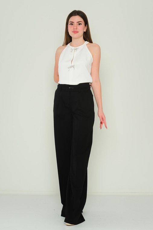 Excuse High Waist Casual Trousers Black Beige Ecru