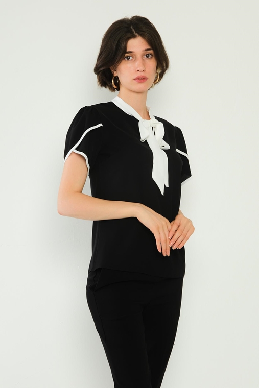 Joymiss Short Sleeve Casual Blouses Black-Ecru Ecru-Black