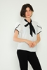 Joymiss Short Sleeve Casual Blouses Black-Ecru Ecru-Black أسود - البيج الرمادي