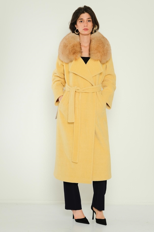 Hacci Long Street Wear Woman Coats Blue Yellow Beige Camel Ecru Powder Beige-White White-Beige