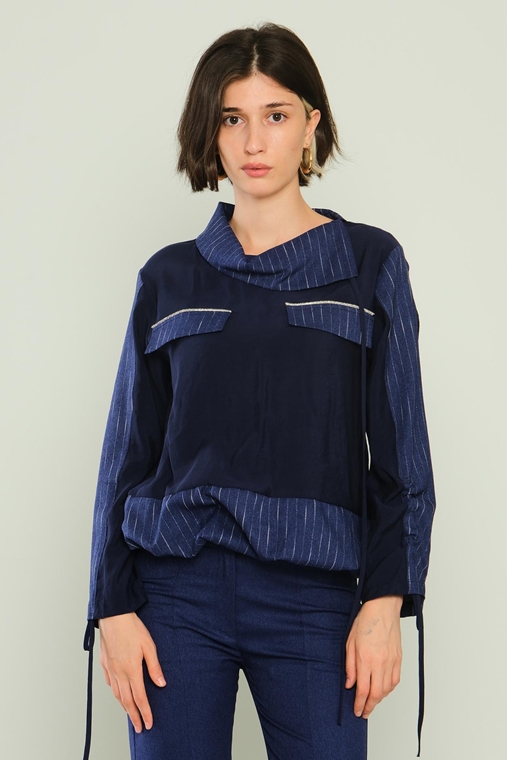 Miarte Long Sleeve Casual Blouses Navy