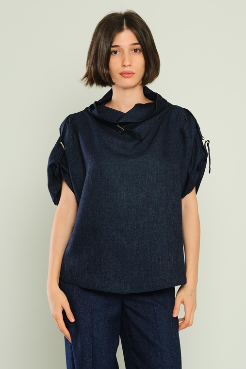 Joymiss Short Sleeve Casual Blouses Navy