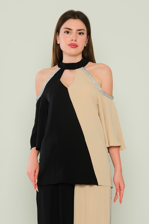 Lila Rose Three Quarter Sleeve Casual Blouses Black-Mink Black-Ecru