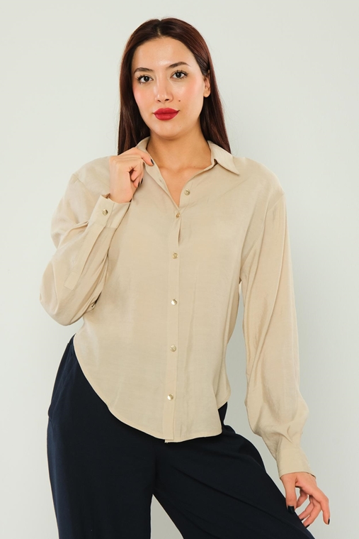 Miarte Long Sleeve Casual Blouses Beige Navy