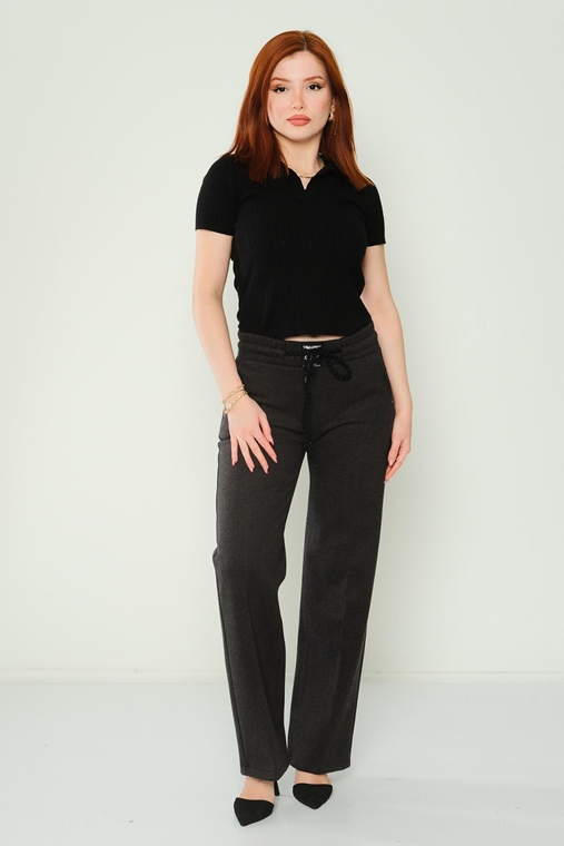 Mosento High Waist Casual Trousers Black Brown Mink