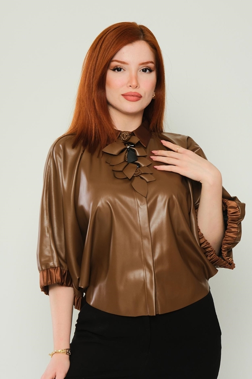 Lila Rose Three Quarter Sleeve Casual Blouses Tan