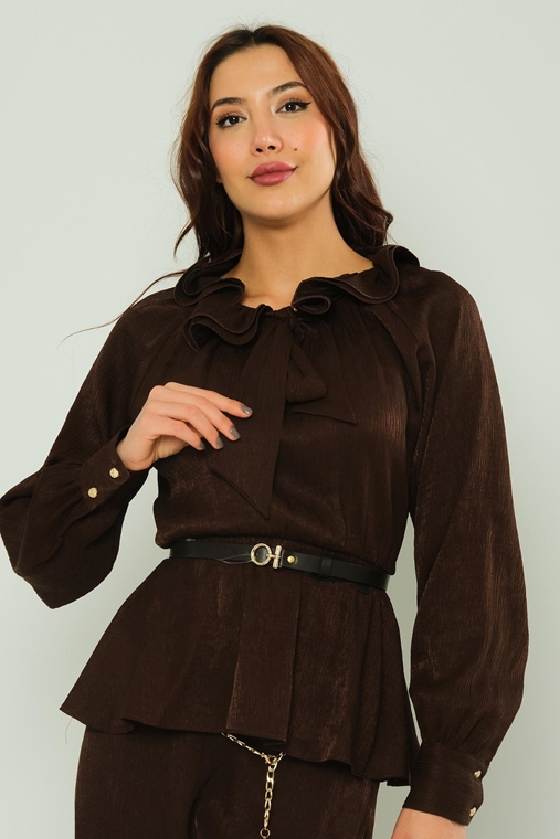 Favori Long Sleeve Casual Blouses Black Brown Bordeux Beige