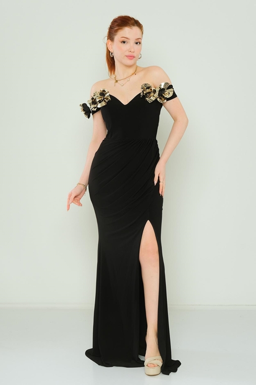 Rengin Night Wear Evening Dresses Black Ecru Emerald