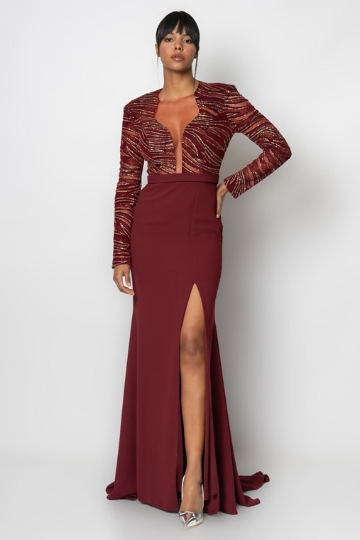 Rengin Night Wear Evening Dresses Bordeux Ecru