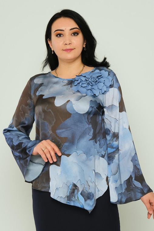 Airport Long Sleeve Casual Plus Size Blouse Blue