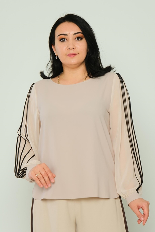 Green Country Long Sleeve Casual Plus Size Blouse Beige