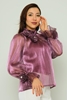 Lila Rose Long Sleeve Casual Blouses Black Fuchsia Ecru أرجواني